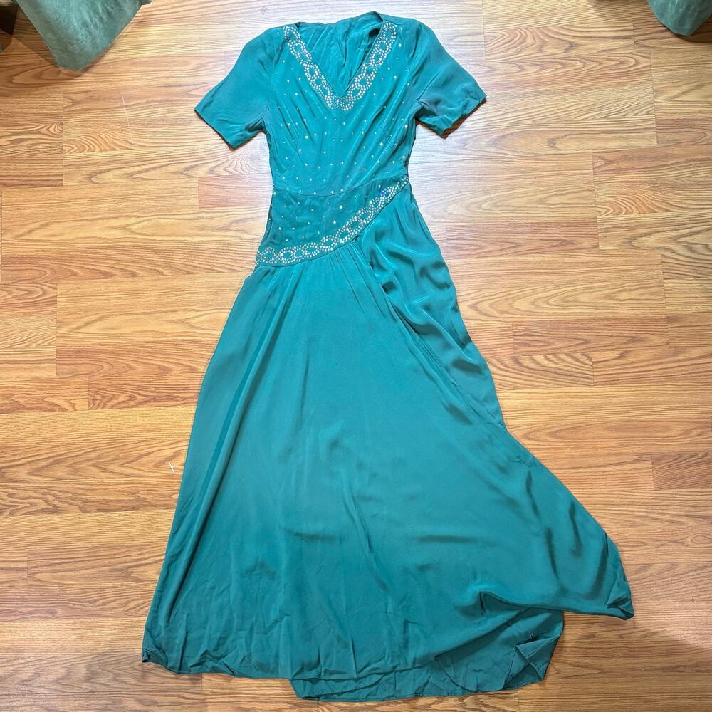 Vintage 30s 40s Rhinestone Maxi Dress Embellished V Neck Evening Gown XXS